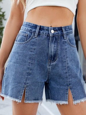 Raw Hem Slit Denim Shorts - StyleLure