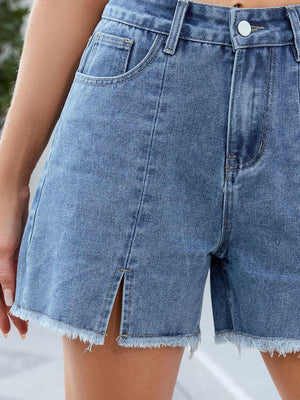 Raw Hem Slit Denim Shorts - StyleLure
