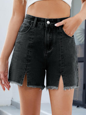 Raw Hem Slit Denim Shorts - StyleLure