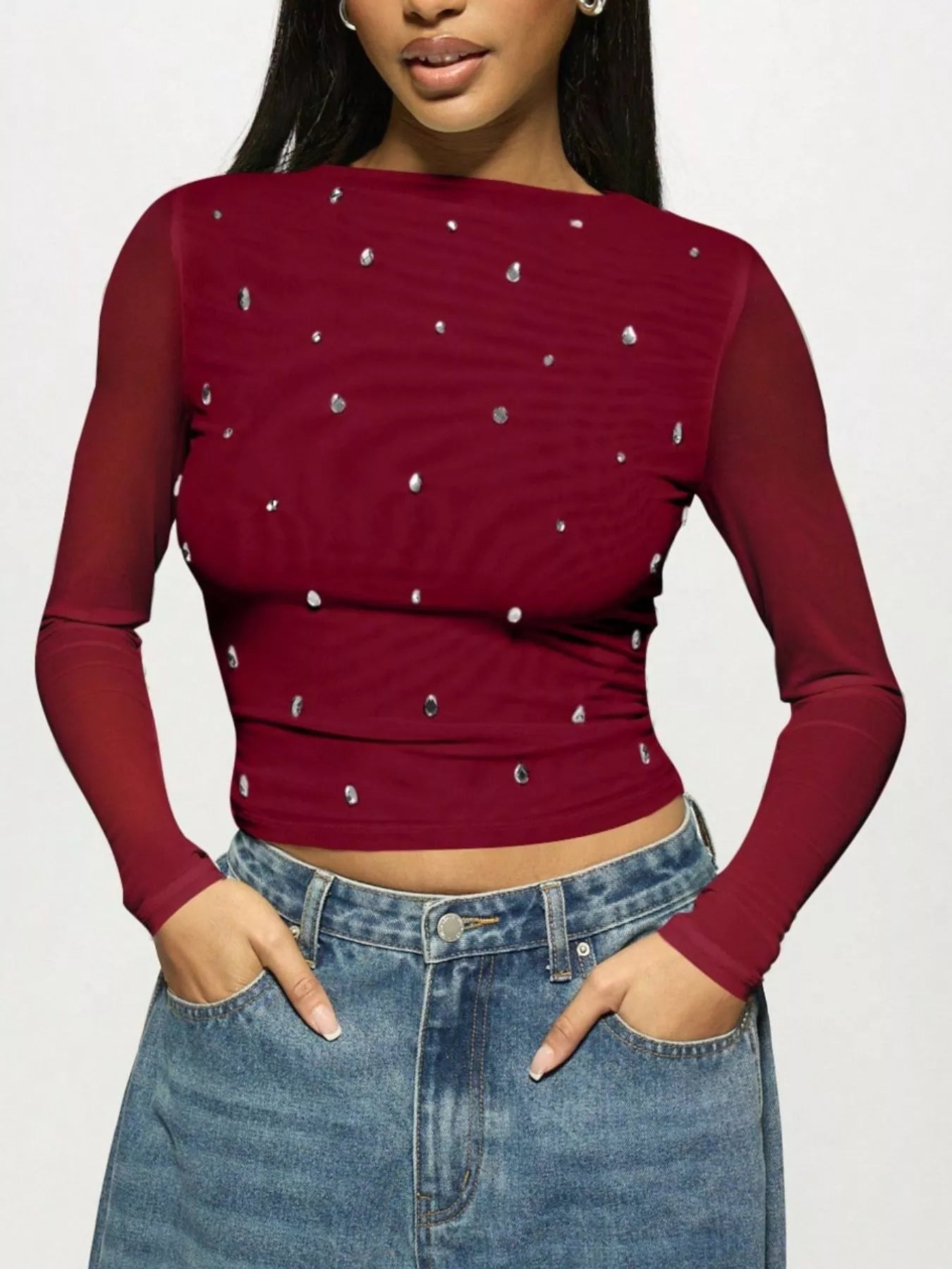 Rhinestone Embellished Long Sleeve T-Shirt - StyleLure