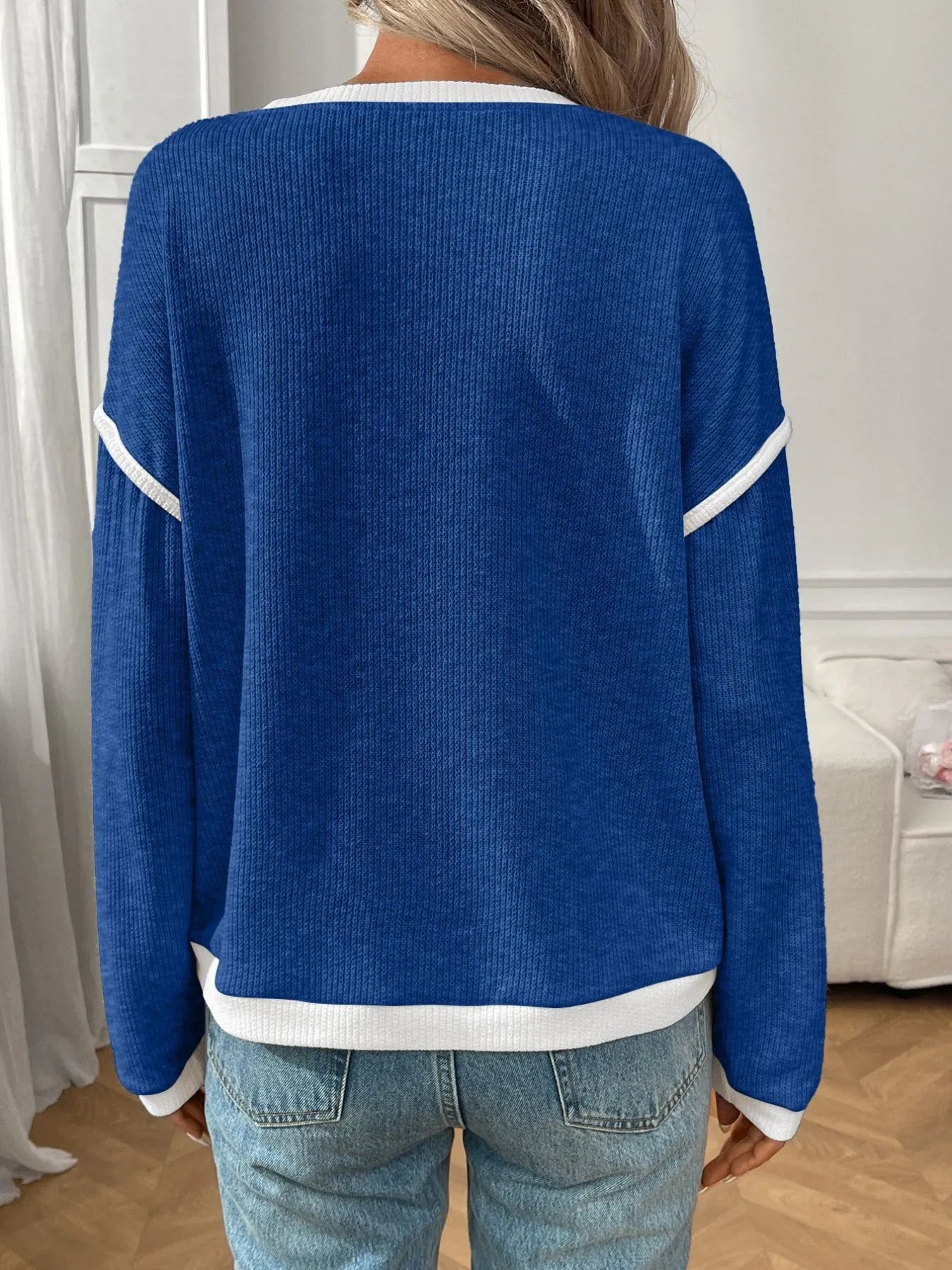 Ribbed Contrast Trim Long Sleeve Top - StyleLure