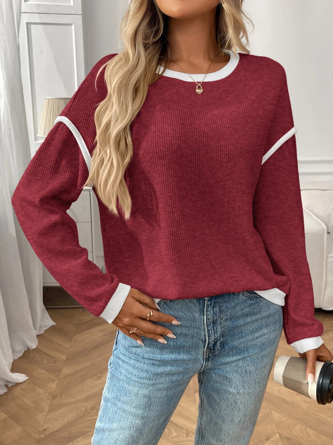 Ribbed Contrast Trim Long Sleeve Top - StyleLure