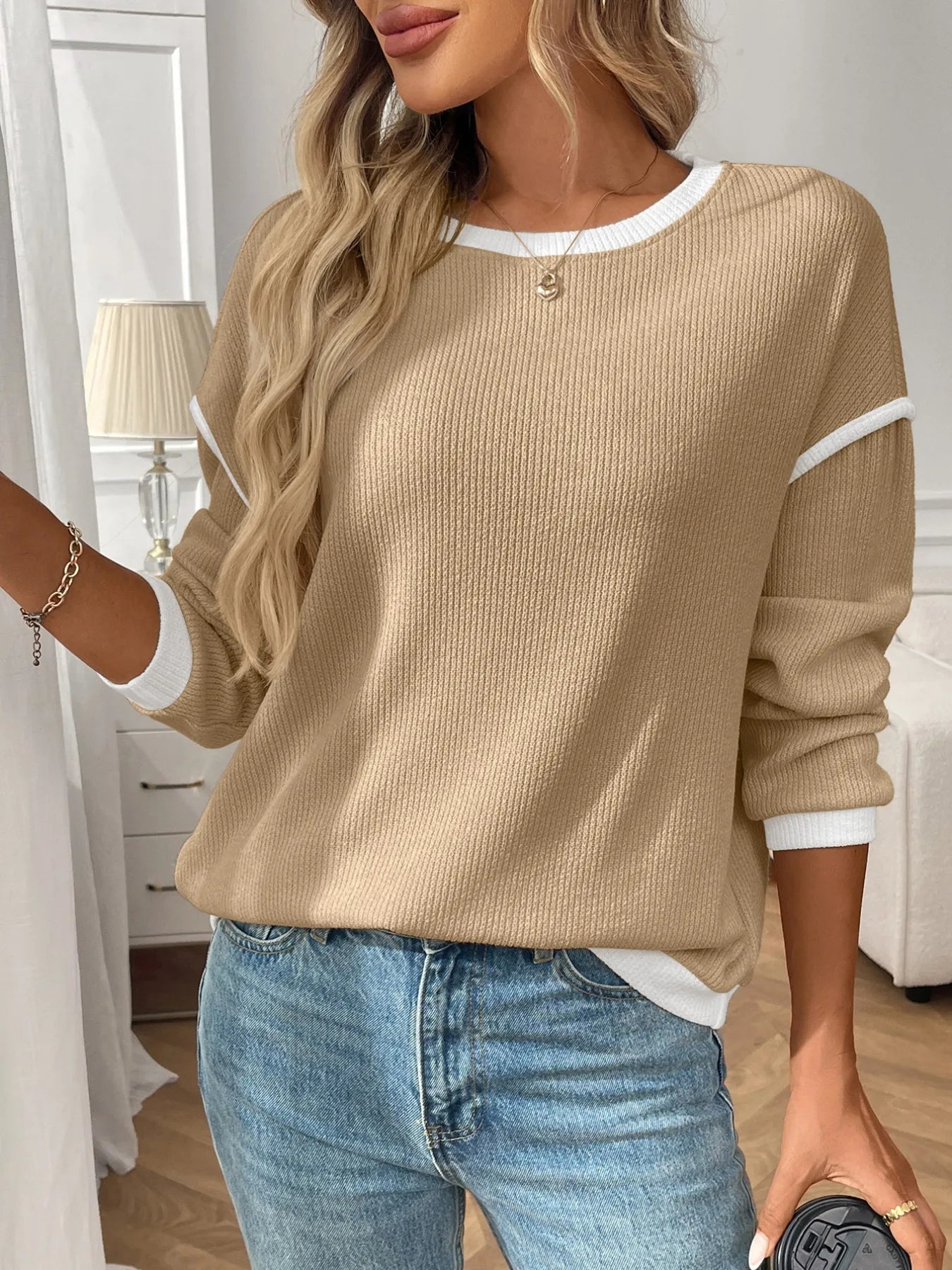 Ribbed Contrast Trim Long Sleeve Top - StyleLure