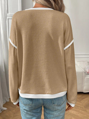 Ribbed Contrast Trim Long Sleeve Top - StyleLure
