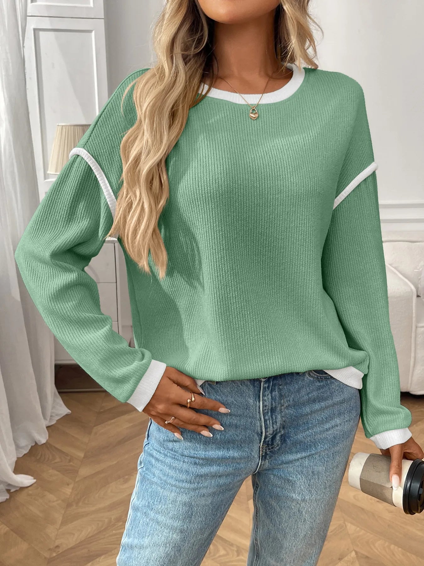 Ribbed Contrast Trim Long Sleeve Top - StyleLure