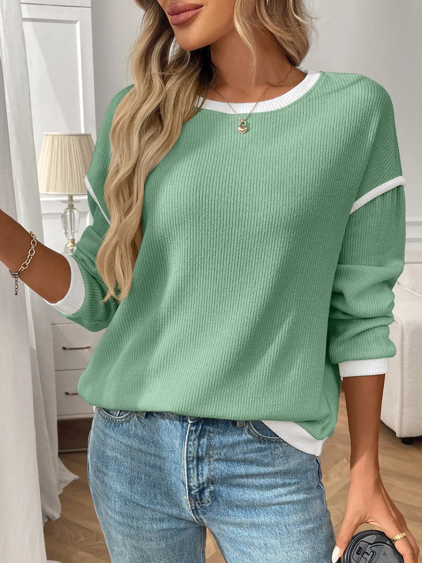 Ribbed Contrast Trim Long Sleeve Top - StyleLure