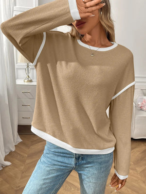 Ribbed Contrast Trim Long Sleeve Top - StyleLure
