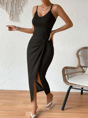 Ribbed Wrap Midi Dress with Side Slit - StyleLure