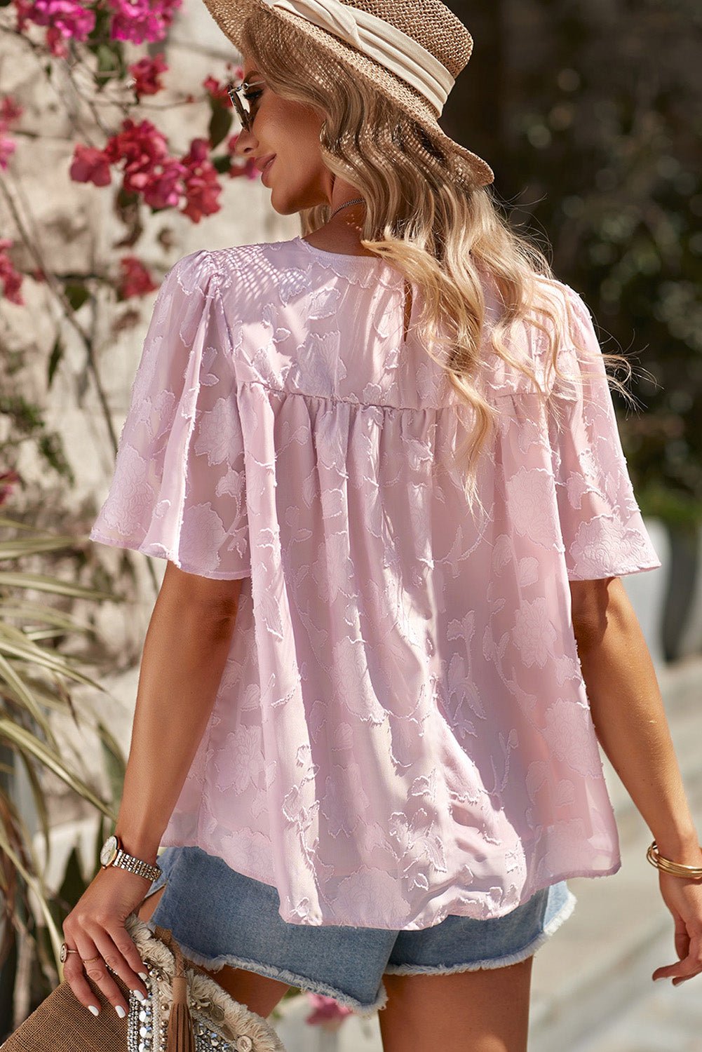 Round Neck Puff Sleeve Blouse - StyleLure