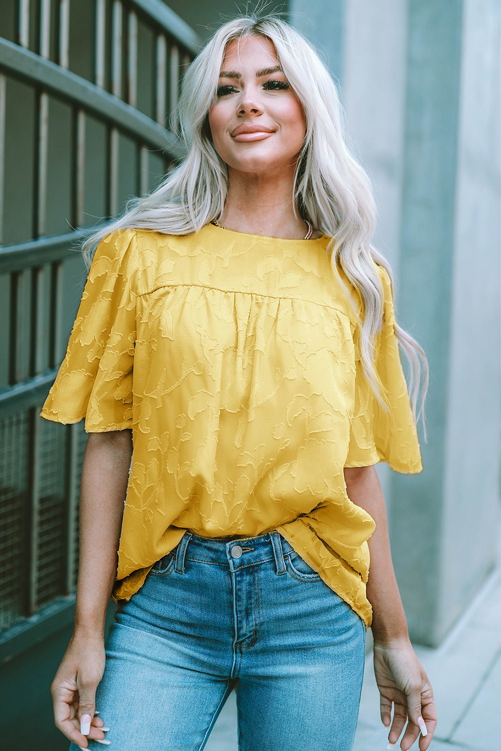 Round Neck Puff Sleeve Blouse - StyleLure