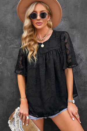 Round Neck Puff Sleeve Blouse - StyleLure