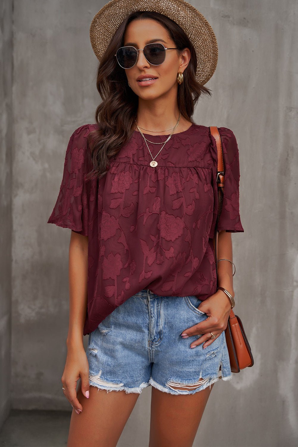 Round Neck Puff Sleeve Blouse - StyleLure