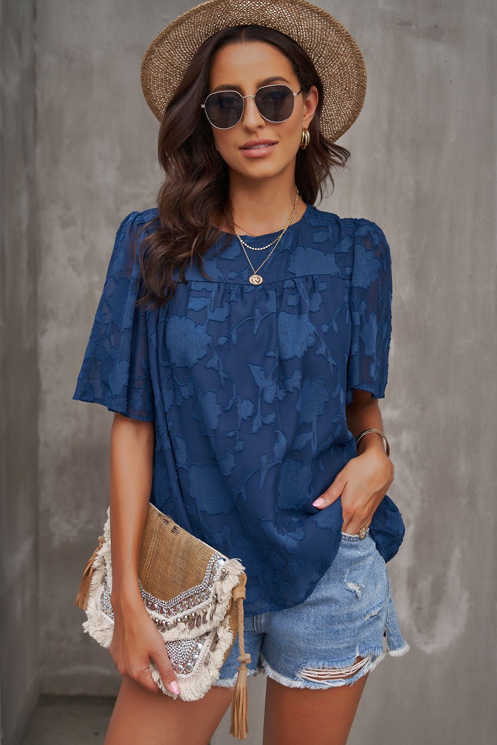 Round Neck Puff Sleeve Blouse - StyleLure