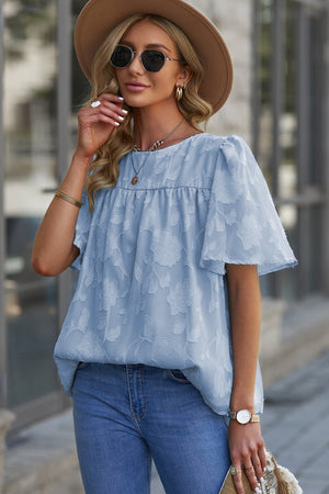 Round Neck Puff Sleeve Blouse - StyleLure