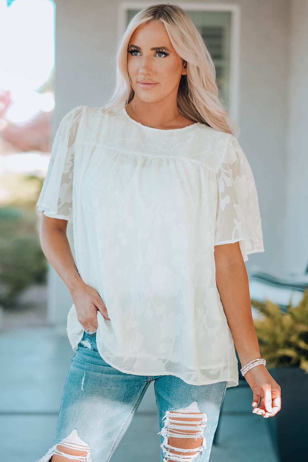 Round Neck Puff Sleeve Blouse - StyleLure