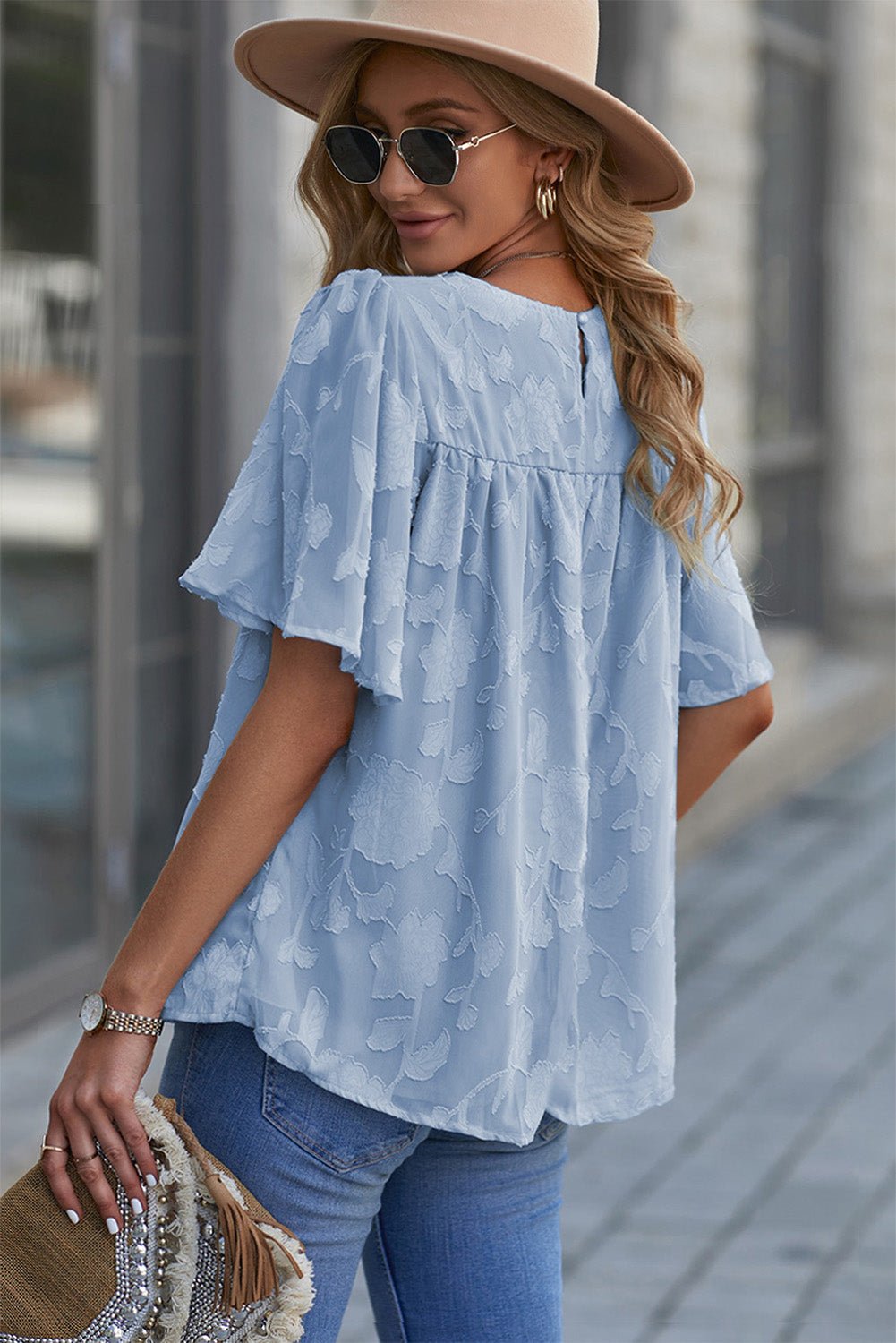 Round Neck Puff Sleeve Blouse - StyleLure