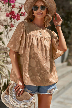 Round Neck Puff Sleeve Blouse - StyleLure