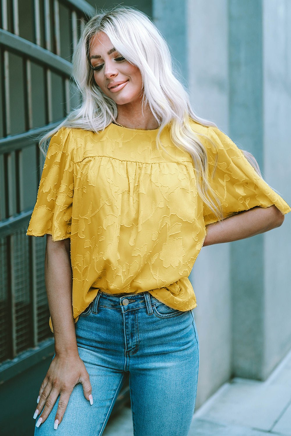 Round Neck Puff Sleeve Blouse - StyleLure