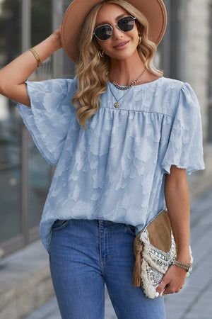 Round Neck Puff Sleeve Blouse - StyleLure