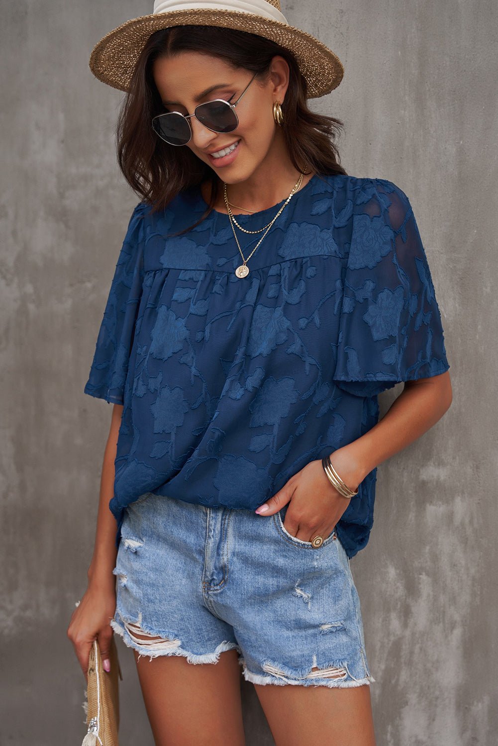 Round Neck Puff Sleeve Blouse - StyleLure