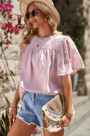 Round Neck Puff Sleeve Blouse - StyleLure