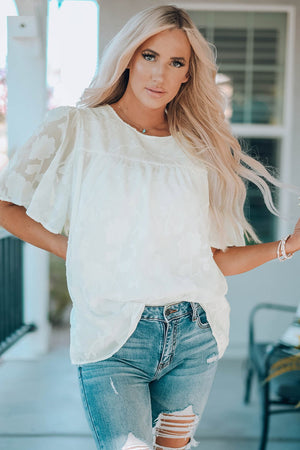 Round Neck Puff Sleeve Blouse - StyleLure