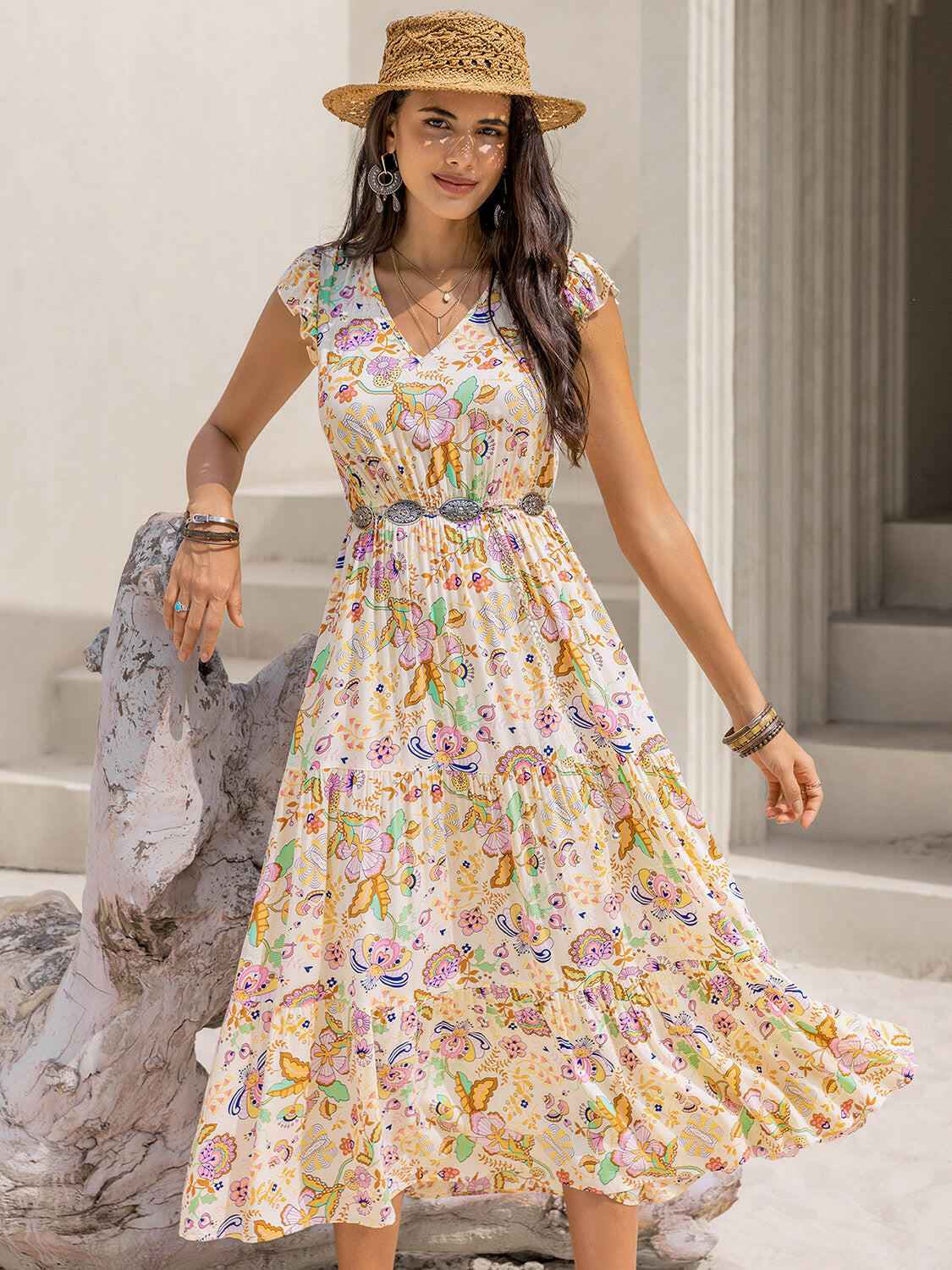 Ruched Printed Cap Sleeve Midi Dress - StyleLure