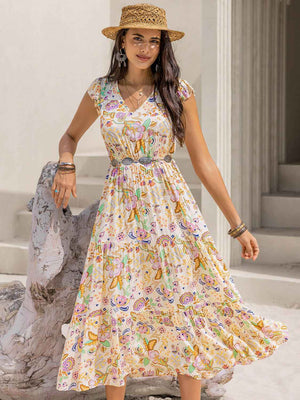 Ruched Printed Cap Sleeve Midi Dress - StyleLure