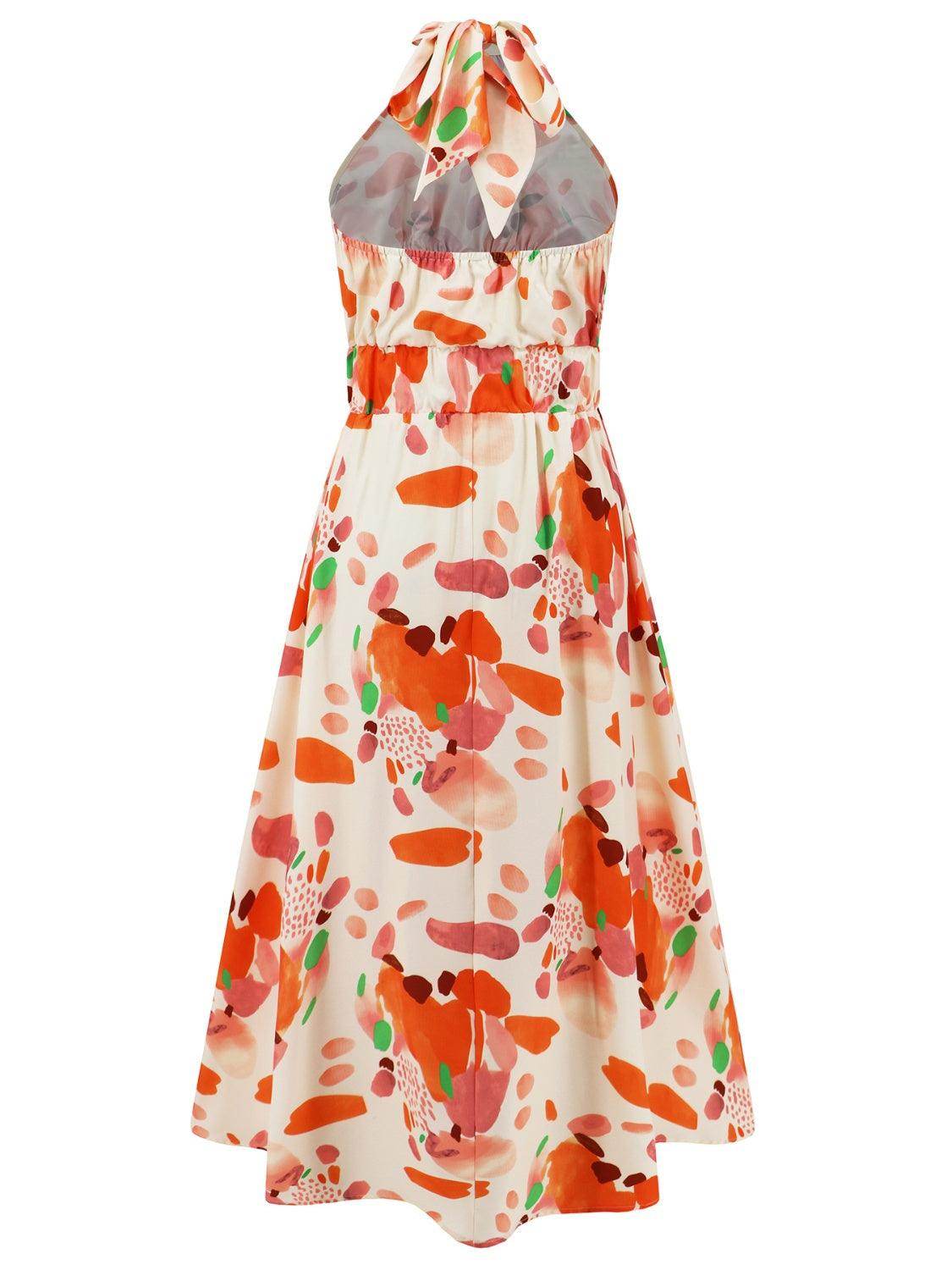 Ruched Printed Halter Neck Dress - StyleLure