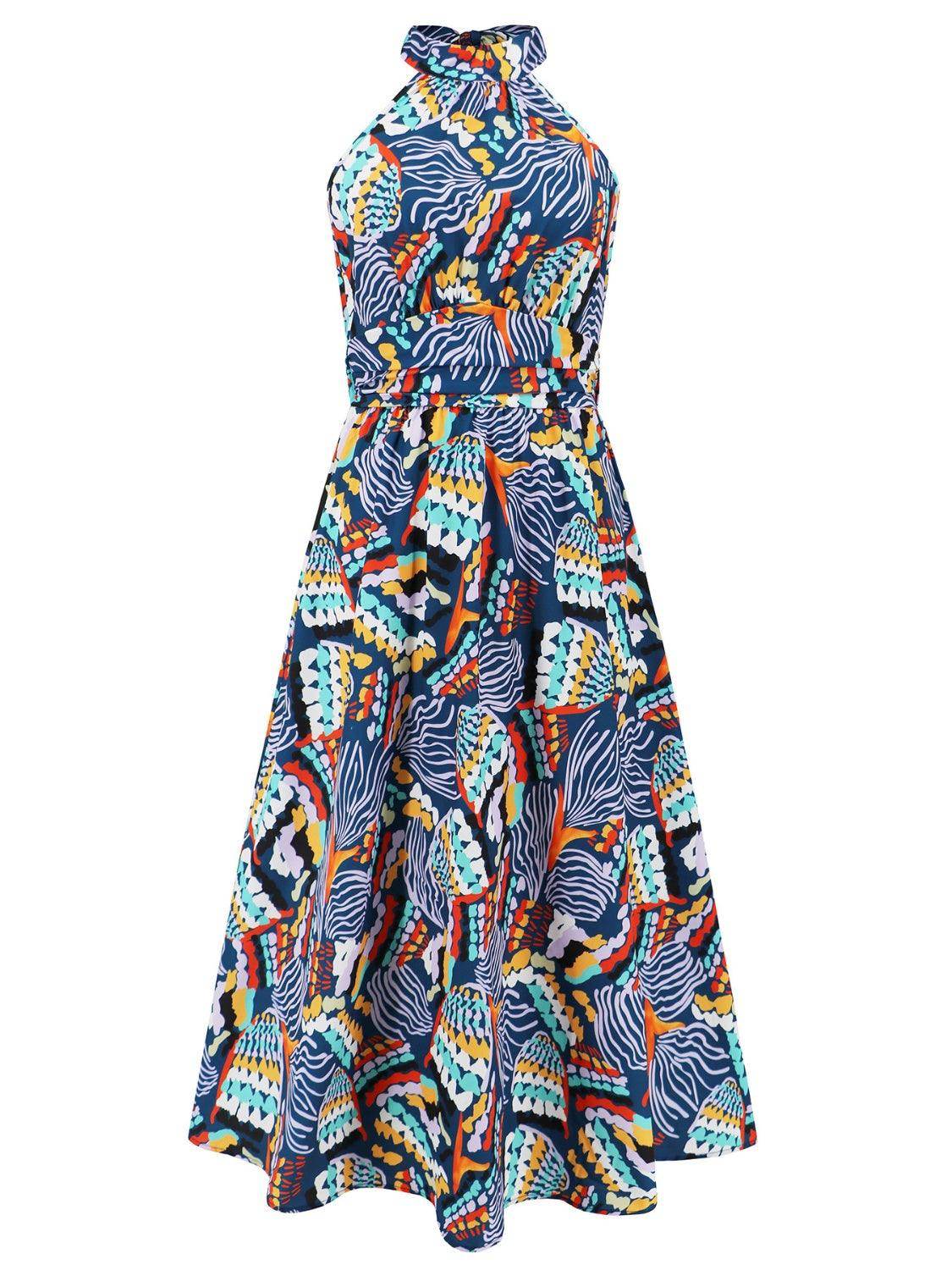 Ruched Printed Halter Neck Dress - StyleLure