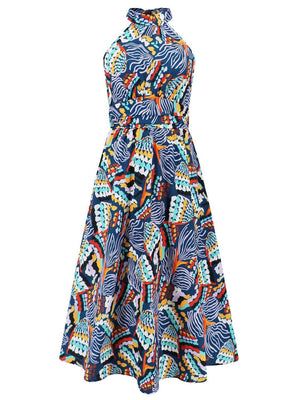 Ruched Printed Halter Neck Dress - StyleLure