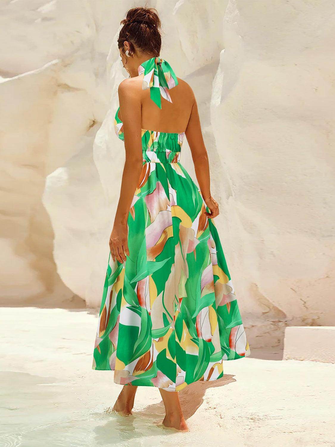 Ruched Printed Halter Neck Dress - StyleLure