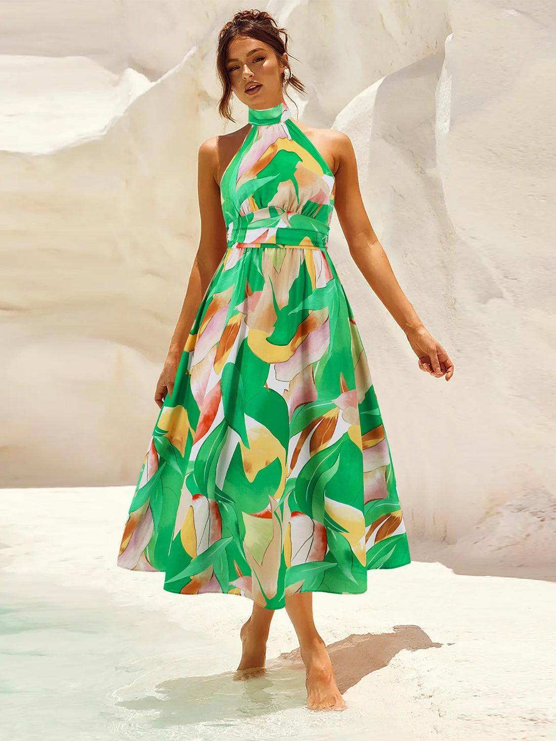 Ruched Printed Halter Neck Dress - StyleLure