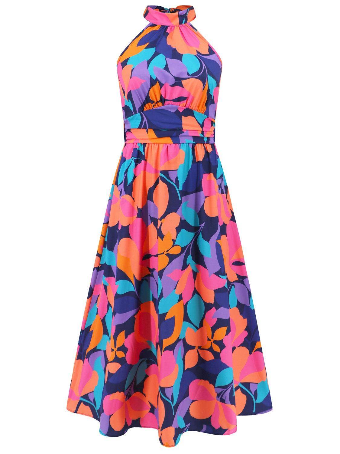 Ruched Printed Halter Neck Dress - StyleLure