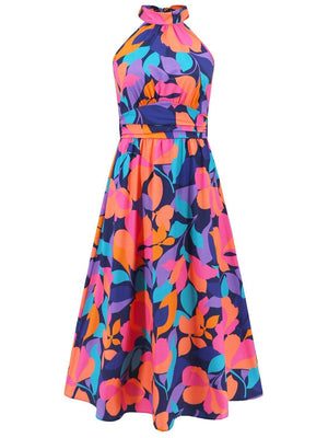 Ruched Printed Halter Neck Dress - StyleLure
