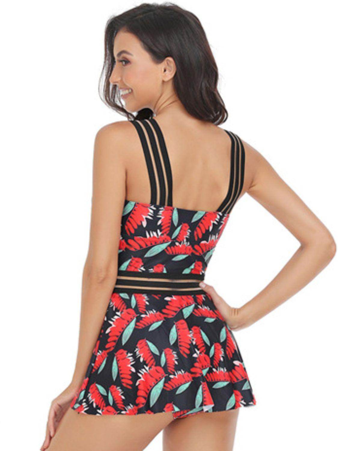 Ruched Printed Sweetheart Neck Two - Piece Swim Set - StyleLure