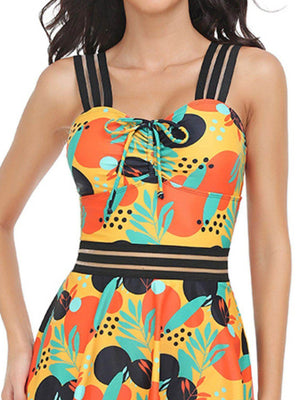 Ruched Printed Sweetheart Neck Two - Piece Swim Set - StyleLure