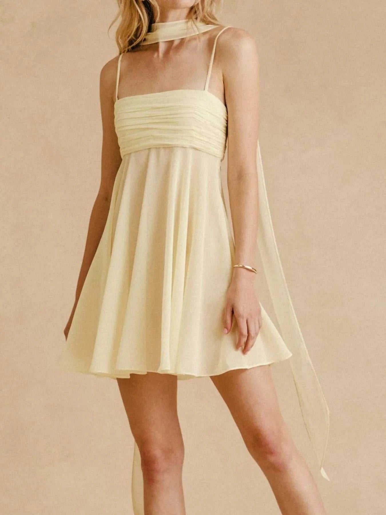 Ruched Square Neck Cami Dress with Scarf - StyleLure