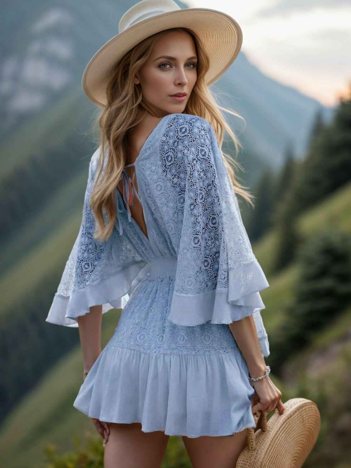 Ruffle Hem Tie Back Lace Mini Dress - StyleLure