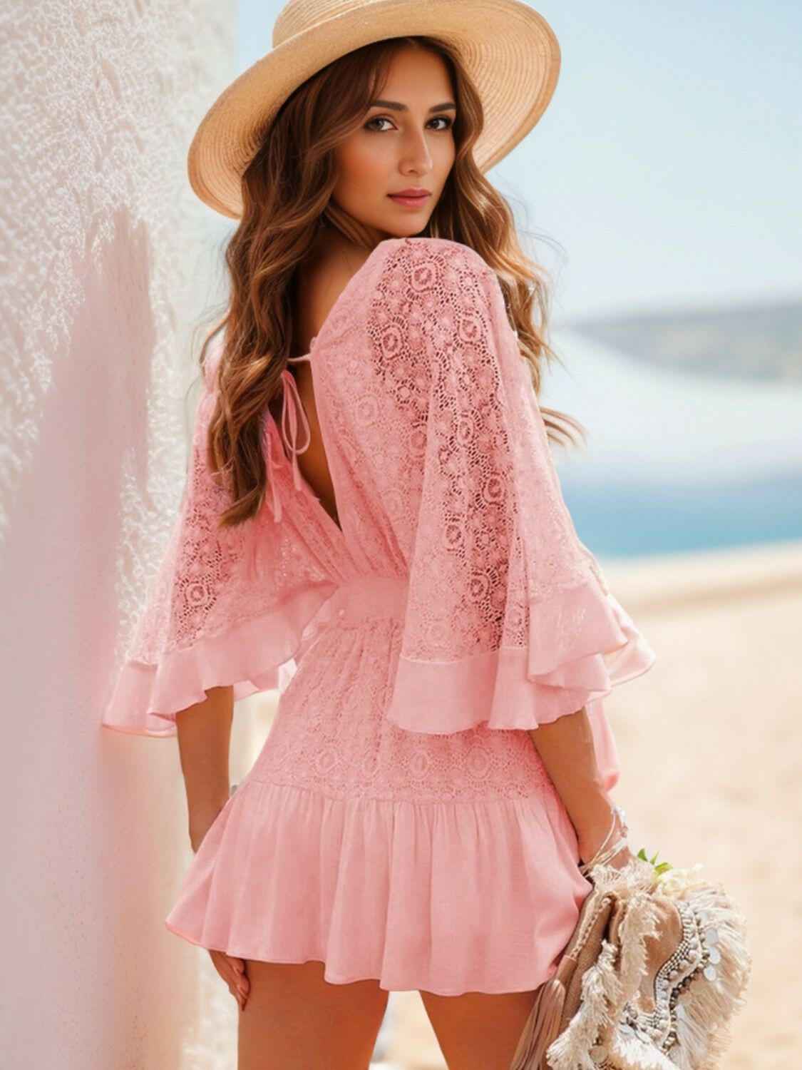 Ruffle Hem Tie Back Lace Mini Dress - StyleLure