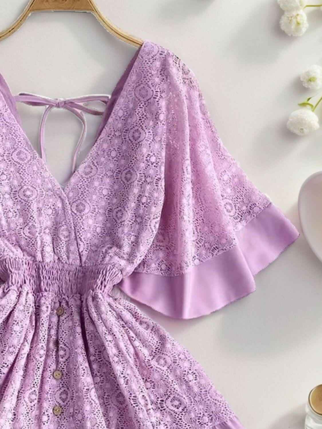 Ruffle Hem Tie Back Lace Mini Dress - StyleLure