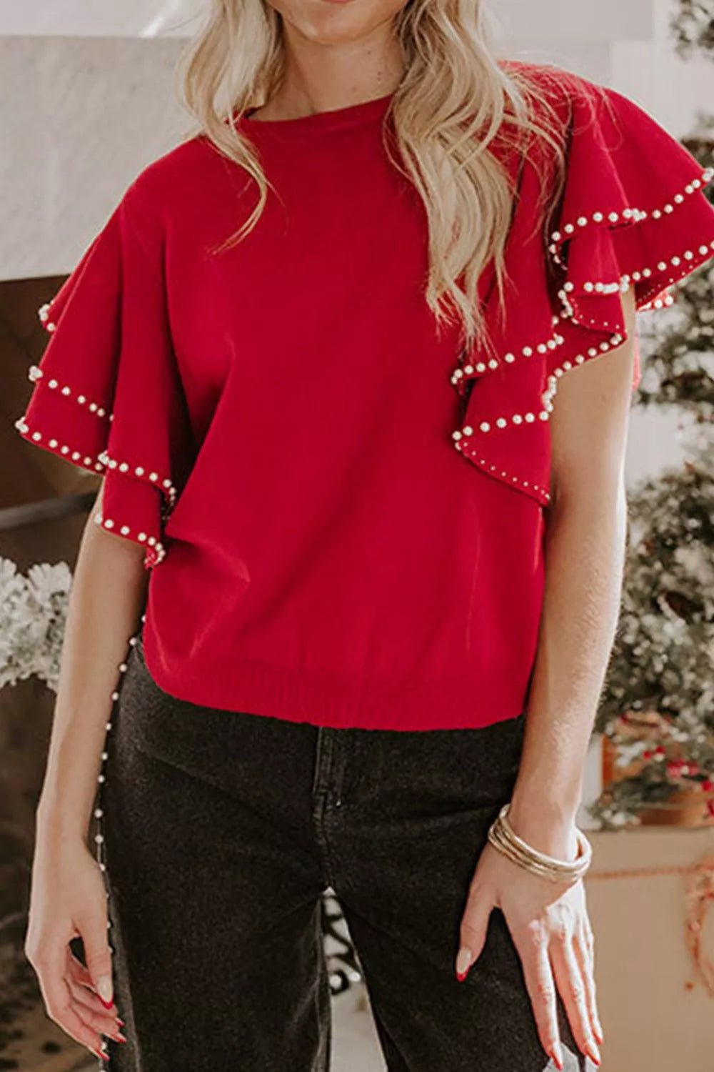 Ruffle Sleeve Pearl Embellished Knit Top - StyleLure