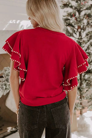 Ruffle Sleeve Pearl Embellished Knit Top - StyleLure