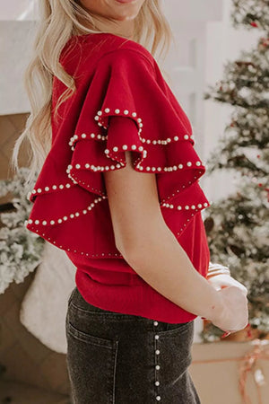 Ruffle Sleeve Pearl Embellished Knit Top - StyleLure
