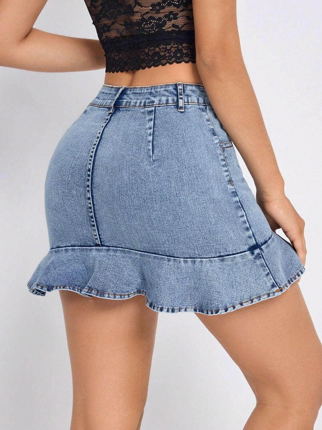 Ruffled Hem Denim Mini Skirt - StyleLure