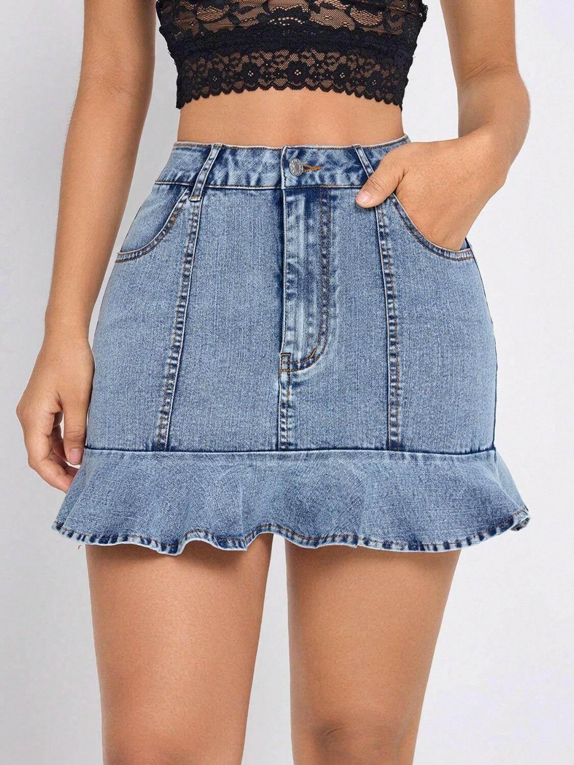 Ruffled Hem Denim Mini Skirt - StyleLure