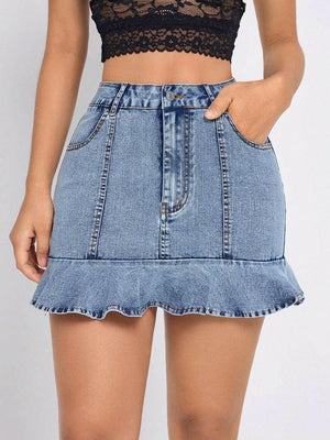 Ruffled Hem Denim Mini Skirt - StyleLure