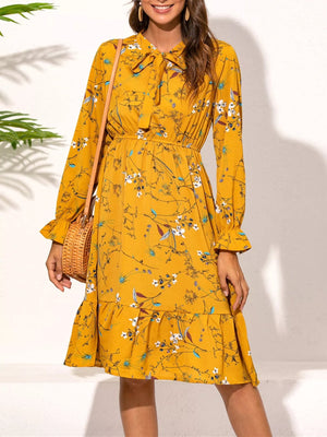 Ruffled Hem Floral Print Long Sleeve Dress - StyleLure