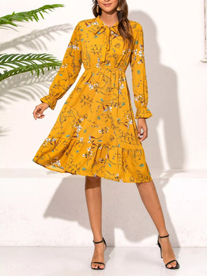Ruffled Hem Floral Print Long Sleeve Dress - StyleLure