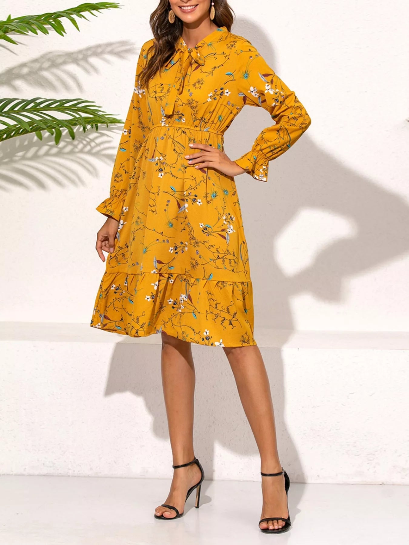 Ruffled Hem Floral Print Long Sleeve Dress - StyleLure